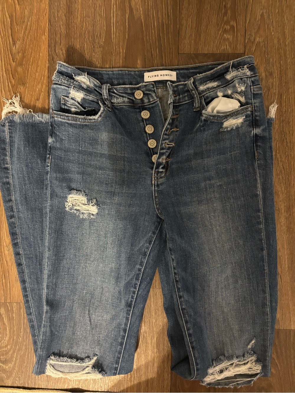 Flying Monkey Women's Distressed Dark Blue Button-Fly Jeans